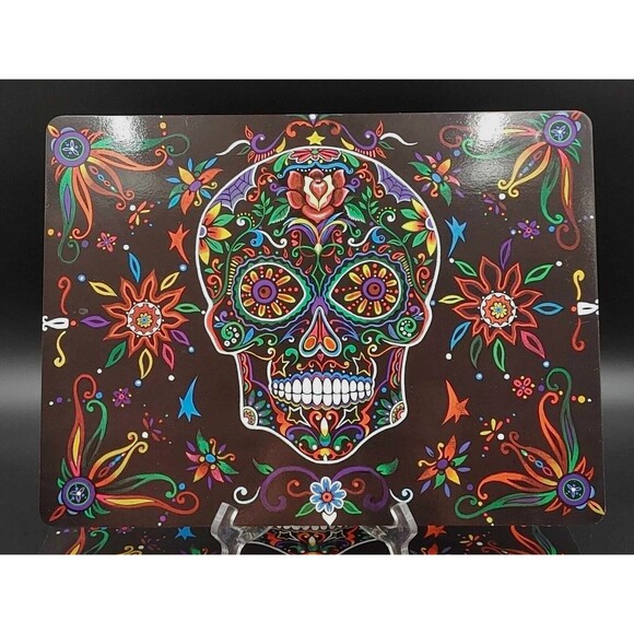 Sugar Skull Day of the Dead Cork Back Placemats Set of 4 Black Festive - Picture 1 of 8